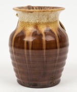 REMUED brown and green glazed pottery vase with applied gumnuts and leaf, incised "Remued", 10.5cm high - 2