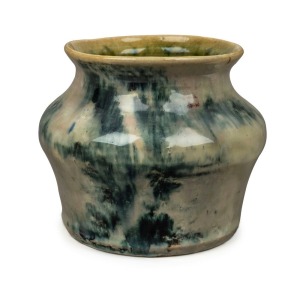 MERRIC BOYD pottery vase glazed in grey and blue with green interior, incised "Merric Boyd", 12cm high, 14cm wide