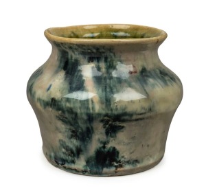 MERRIC BOYD pottery vase glazed in grey and blue with green interior, incised "Merric Boyd", ​​​​​​​12cm high, 14cm wide