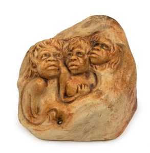 WILLIAM RICKETTS pottery sculpture with three faces, incised in the base "Out Of The Rocks They Come, Spirits From The Eternal Sun. Wm. Ricketts", 8.5cm high, 9.5cm wide