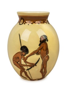 MARTIN BOYD creamy yellow glazed pottery vase decorated with Aboriginal figures and kangaroo, incised "Martin Boyd, Australia, M.P.", ​​​​​​​23cm high