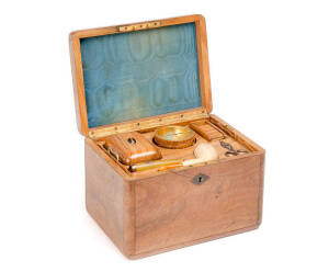 Smokers humidor box. Olive wood 19th century fitted with accessories including gold mounted cigar holder, amber mounted pipe & tiger eye mounted cigarette box. Original key. Width 24cm, depth 18cm, height 17cm