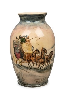 MARTIN BOYD pottery vase decorated with hand-painted coaching scene, incised "Martin Boyd, 1952", ​​​​​​​25.5cm high