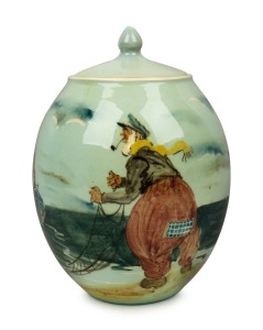 MARTIN BOYD lidded pottery vase decorated with hand-painted boating scene, incised "Martin Boyd, Australia", ​​​​​​​22cm high