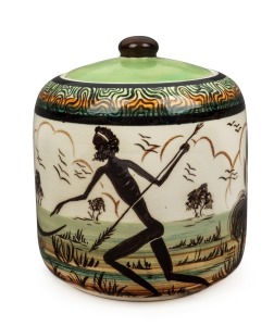 GUY BOYD lidded pottery vase decorated with kangaroos, emu and Aboriginal figure in landscape, signed "J. FRASER", incised "Guy Boyd, Australia", 16cm high