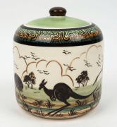 GUY BOYD lidded pottery vase decorated with kangaroos, emu and Aboriginal figure in landscape, signed "J. FRASER", incised "Guy Boyd, Australia", 16cm high - 2