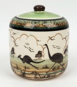 GUY BOYD lidded pottery vase decorated with kangaroos, emu and Aboriginal figure in landscape, signed "J. FRASER", incised "Guy Boyd, Australia", 16cm high - 3