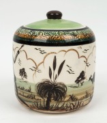 GUY BOYD lidded pottery vase decorated with kangaroos, emu and Aboriginal figure in landscape, signed "J. FRASER", incised "Guy Boyd, Australia", 16cm high - 4