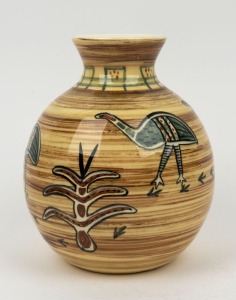 MARTIN BOYD pottery vase decorated with emus, incised "Martin Boyd, Australia", ​​​​​​​17cm high