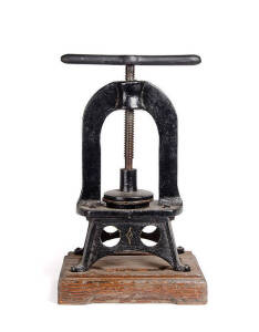 PILL PRESS: Cast iron 19th century press on timber base. 57CM