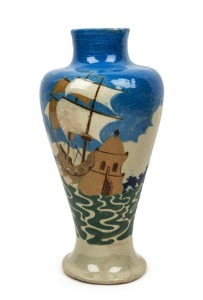 ERNEST FINLAY impressive intasio pottery vase with galleon scene, incised "ERNEST FINLAY INTASIO", ​​​​​​​32cm high