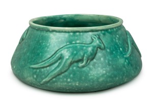 MELROSE WARE green glazed kangaroo bowl, stamped "Melrose Ware, Australian", 11cm high, 25cm diameter