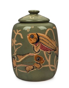 SARAH KENNEDY pottery biscuit barrel with sgraffito fish motif, incised "S. Kennedy", 18cm high
