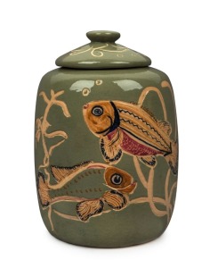 SARAH KENNEDY pottery biscuit barrel with sgraffito fish motif, incised "S. Kennedy", ​​​​​​​18cm high