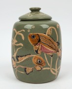 SARAH KENNEDY pottery biscuit barrel with sgraffito fish motif, incised "S. Kennedy", ​​​​​​​18cm high - 2