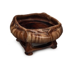HARVEY SCHOOL brown glazed pottery bowl, incised monogram to base, 10cm high, 19cm wide