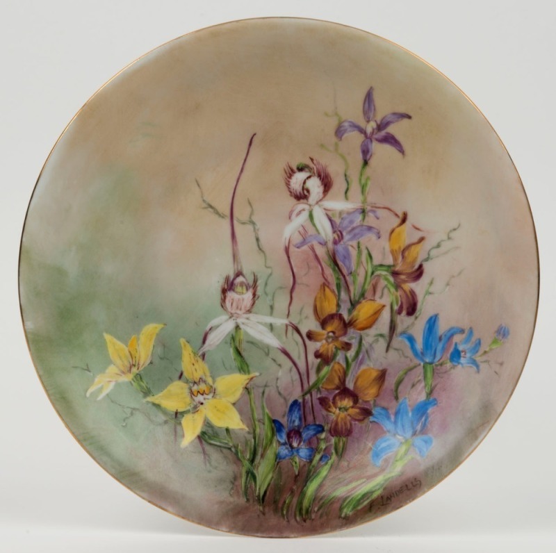 FLORA LANDELLS (1888-1981), hand-painted porcelain plate, titled verso "ORCHIDS, WEST AUSTRALIA WILD FLOWERS, Hand Painted", signed "F. Landells", ​​​​​​​23cm diameter