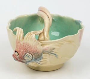 CASTLE HARRIS pottery bowl with applied fish decoration, incised "Castle Harris", 10cm high x 15cm wide