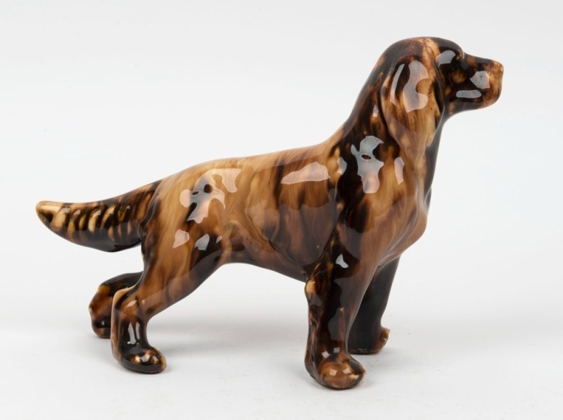 ALBA WARE (Sydney) brown glazed pottery dog statue, 13cm high x 19cm long
