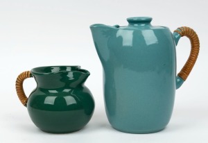 ALLAN LOWE pottery coffee pot and milk jug with cane handle, incised "Allan Lowe", the larger 17cm high