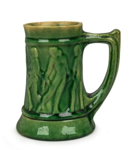 BOSLEY (attributed) unusual green glazed stylized art deco pottery tankard in the manner of KLYTIE PATE, 12cm high 