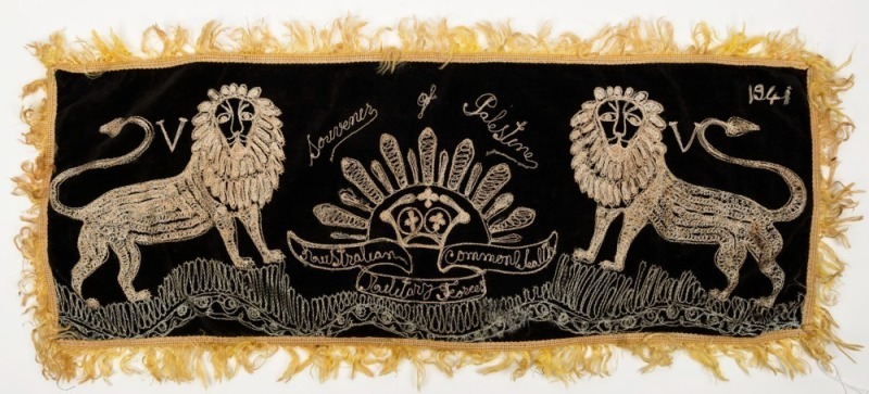 SOUVENIR OF PALESTINE Australian Commonwealth Military Forces 1941, silk and cotton embroidery on black velvet banner, 33 x 78cm