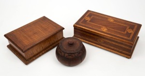 Three Australian timber boxes including cedar and blackwood marquetry, fiddleback blackwood, and pokerwork, 19th and 20th century, the largest 25cm wide