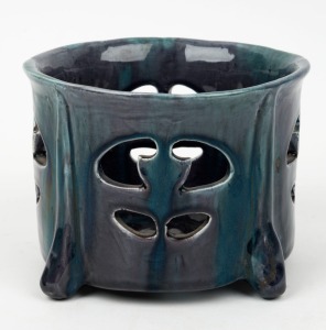 HARVEY SCHOOL pierced pottery bowl, incised "J. 1927, Q." with additional glazing notes, 11cm high, 16cm wide