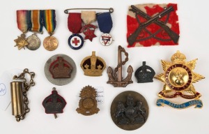 Various badges, fobs, etc., incl. NSW Volunteer Infantry Regiment sewn-on badge; Australian Artillery collar badge circa 1910; an RAN Bridging Train hat badge; Australian coat-of-arms on Arendsen, Melb. backing plate; Australian Engineers Old Sappers Asso