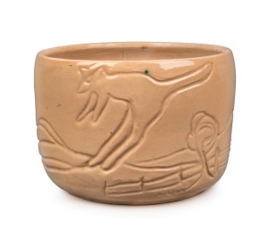 MERRIC BOYD pottery vase with sgraffito landscape decoration with crow and kangaroo, incised "Merric Boyd 1952", 11cm high x 16.5cm wide