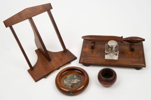 A vintage Australian timber bookstand, desk set with inkwell and paper knife, poker work vase and fiddle back Blackwood pictorial Tasmania souvenir with sterling silver map, 19th/20th century, the desk set 23cm wide