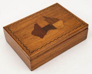An Australian timber jewellery box with inlaid Australian map top, circa 1900,  ​​​​​​​6cm high, 19.5cm wide, 14cm deep