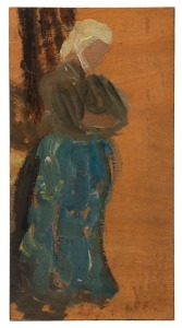 EMANUEL PHILLIPS FOX (1865-1915), The Fisher Girl, (1890), oil on wood panel, signed lower right "E.P. Fox", 21.5 x 11.5cm. Published in Ruth Zubans Catalogue Raisonne, "E. Phillips Fox. His Life and Art" [ISBN 0.522.84653.X]. Illustrated on page 34. Priv