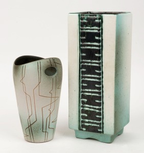 ELLIS, two green glazed retro pottery vases, incised "Ellis", ​​​​​​​29cm and 19cm high