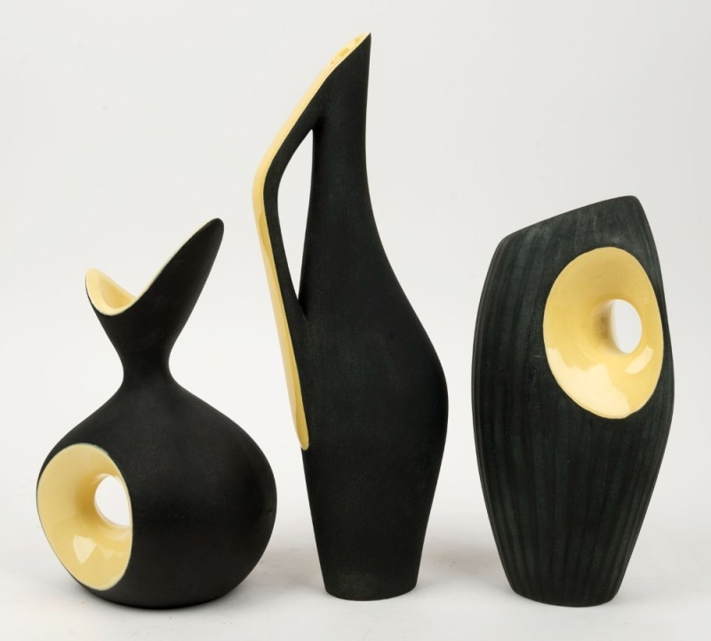 ELLIS black and yellow glazed modernist pottery jug and two vases, incised "Ellis", the largest 32cm high