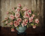 EVELYN MONETTE BAXTER (1926-1979), Cecil Brunner Roses, oil on canvas laid on board, signed lower left "Evelyn M. Baxter", ​​​​​​​20 x 25cm, 28 x 33cm overall