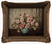 EVELYN MONETTE BAXTER (1926-1979), Cecil Brunner Roses, oil on canvas laid on board, signed lower left "Evelyn M. Baxter", ​​​​​​​20 x 25cm, 28 x 33cm overall - 2