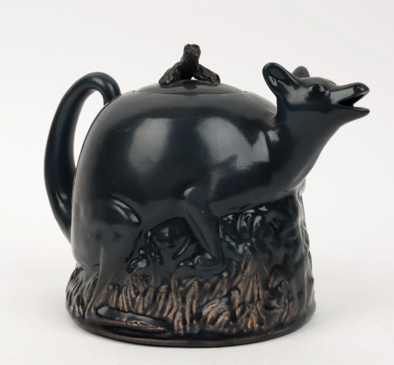 BRISTOL POTTERY "KANGAROO" teapot, Queensland origin, impressed oval stamp "BRISTOL POTTERY, BRISBANE", 15cm high, 20cm wide