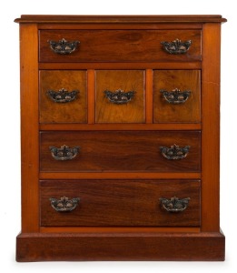 An antique Australian APPRENTICE chest of drawers, kauri pine. myrtle and blackwood, late 19th century, inscribed on reverse "Mrs P. Jackson, Sale", 52cm high, 44cm wide, 31cm deep