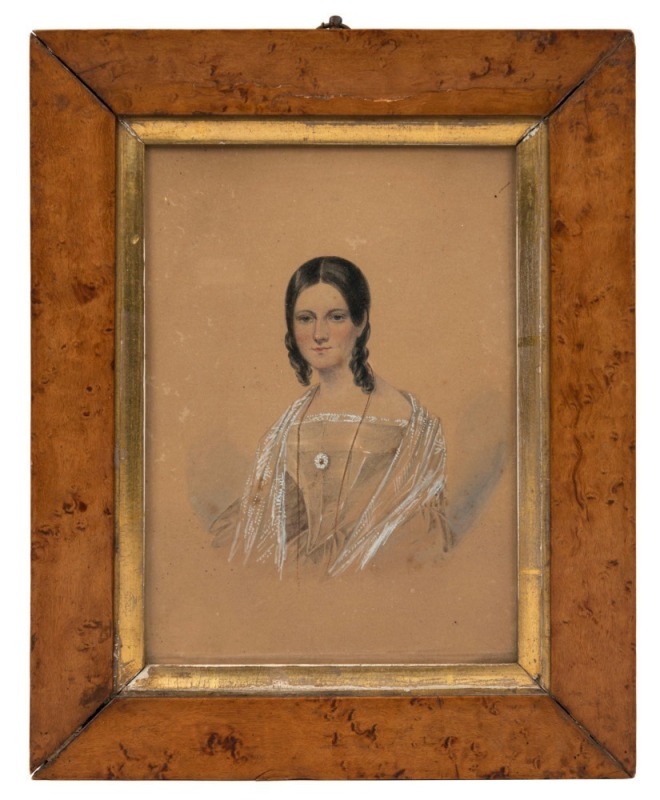 WILLIAM MICHAEL NICHOLAS, (1809-1854), Pricilla Hosking, 1840, watercolour, original paper label verso "Mrs. M.F. Bickerton, (Pricilla Hosking), 1840", ​​​​​​​housed in original birdseye maple frame with gilt slip and glass, 18 x 12.5cm, 25.5 x 20cm overa