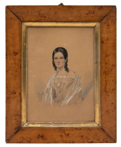 WILLIAM MICHAEL NICHOLAS, (1809-1854), Pricilla Hosking, 1840, watercolour, original paper label verso "Mrs. M.F. Bickerton, (Pricilla Hosking), 1840", ​​​​​​​housed in original birdseye maple frame with gilt slip and glass, 18 x 12.5cm, 25.5 x 20cm overa