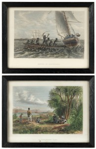 I.) An Explorer's Camp, II.) Natives Of Carpentaria, two frame coloured engravings, ​​​​​​​18 x 23cm each overall