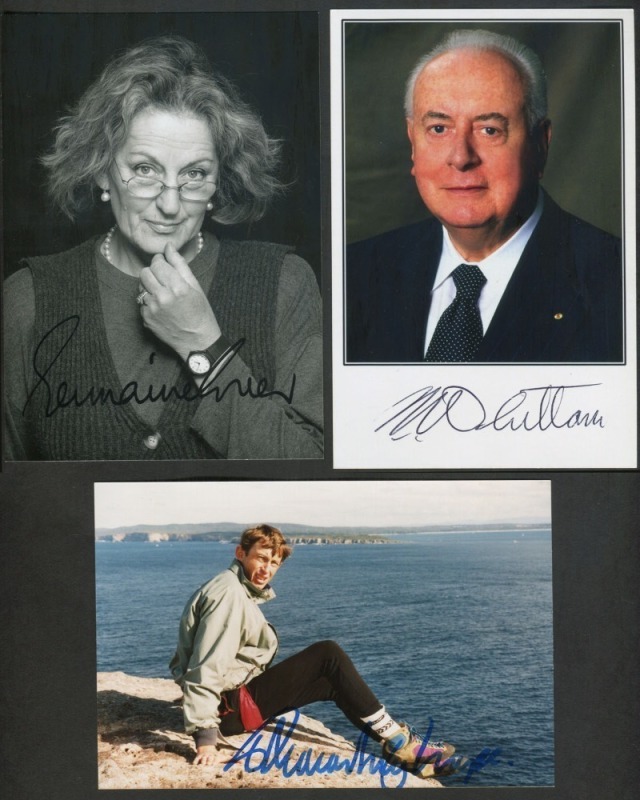 GOUGH WHITLAM autographed photo; TIM McCARTNEY-SNAPE signed photo; GERMAINE GREER signed photo; HAZEL HAWKE signed photo; also BRUCE RUXTON, BRIGITTE MUIR, RUTH CRACKNELL & Dr NANCY MILLIS, all signed. 