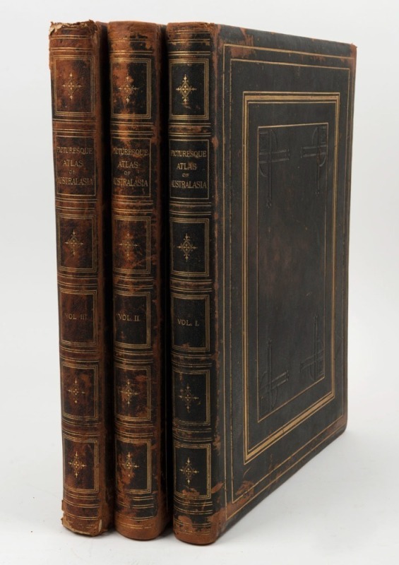 "THE PICTURESQUE ATLAS OF AUSTRALASIA" Three volumes in full Morocco with embossed gilt lettering to the spines