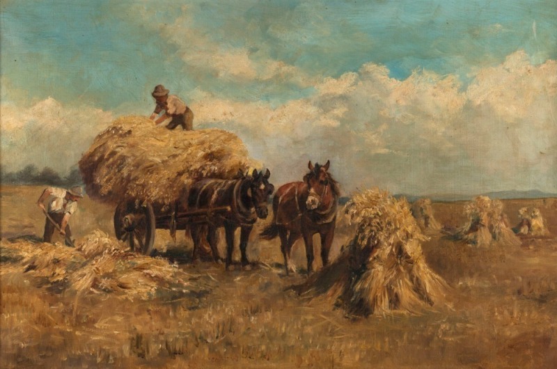 ARTIST UNKNOWN, untitled farming scene, oil on canvas, lower left (illegible), 40 x 60cm, 57 x 77cm overall