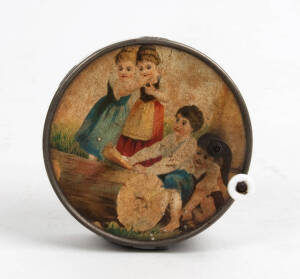 Antique French clockwork music box. Cylindrical form with lithograph ends. c1905. Diameter 9cm