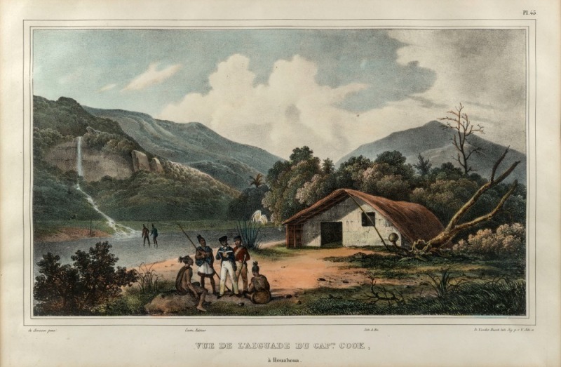 [DUMONT D'URVILLE] SAINSON, M. de after Lauvergne, Vue de L'Aiguade du Capne. Cook, a Houahoua, antique colour engraving, circa 1830, 28 x 41cm, 59 x 73cm overall