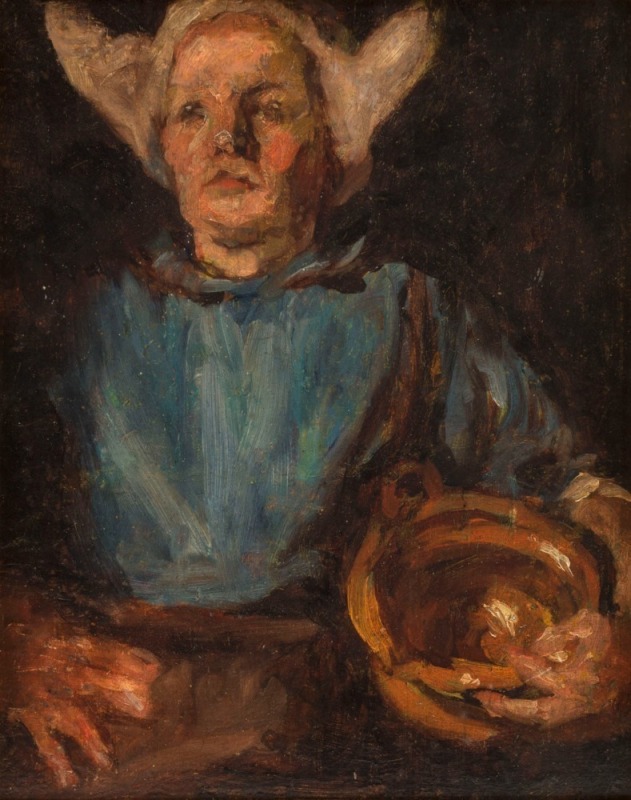 EMANUEL PHILLIPS FOX (attributed), (1865-1915), Peasant Woman of Brittany, (landscape verso), oil on cedar panel, 26 x 21cm, 37 x 32cm overall. Provenance: Christie’s, Melbourne, 27th April, 1999, lot 319, "Peasant Woman of Brittany". Davidsons Australian