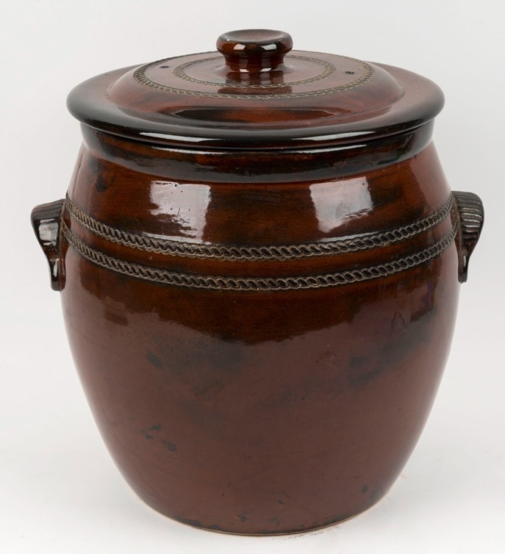 KERRYL POTTERY bread bin with brown glaze, impressed mark "KERRYL, MELBOURNE", 35cm high, 34cm wide