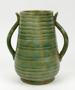 BENNETTS POTTERY green glazed vase with two handles, 27cm high
